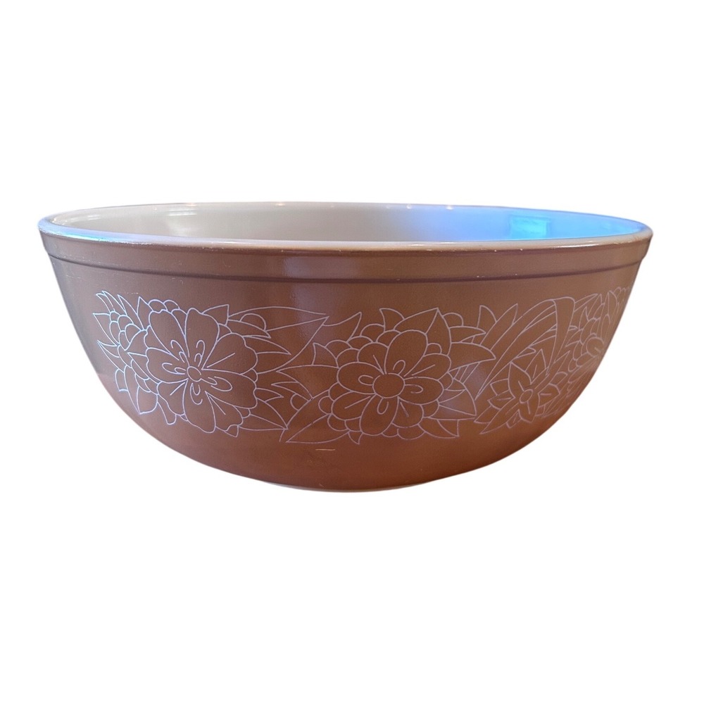 Vintage Pyrex Woodland 404 Mixing Bowl 4 Quart Brown White Floral Retro MCM